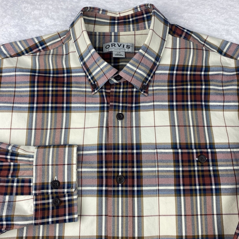ORVIS Shirt Mens Large Burgundy/Tan Plaid Heavyweight Long Sleeves